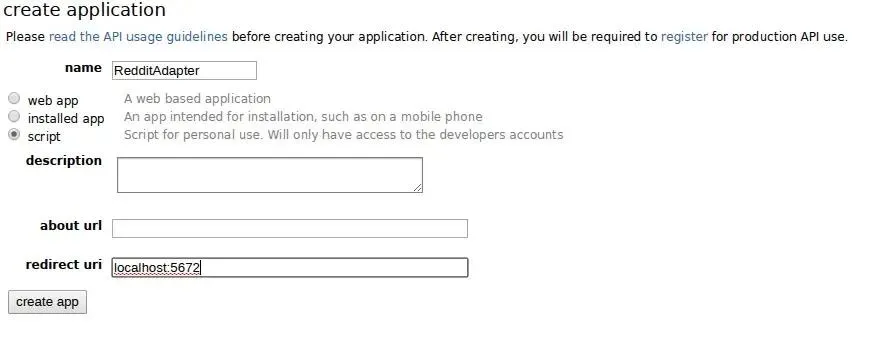 Reddit application creation